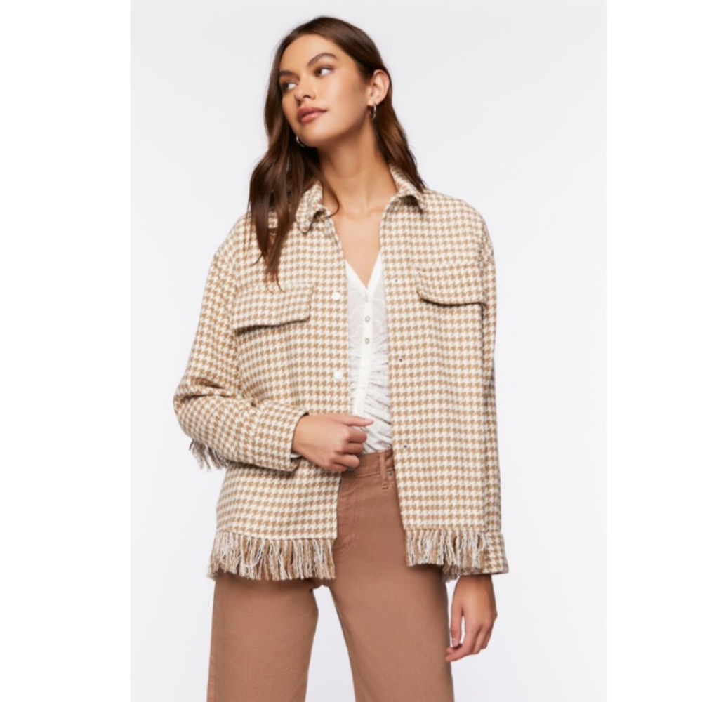 Forever 21 Tan Houndstooth Fringe Jacket